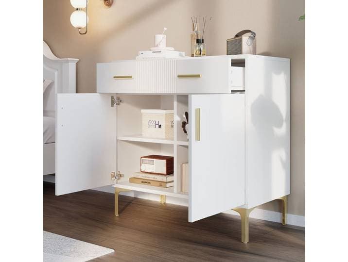 Buffet - MODERNLUxE - 80x35x79.5cm - 2 tiroirs - 2 portes - MDF - Blanc