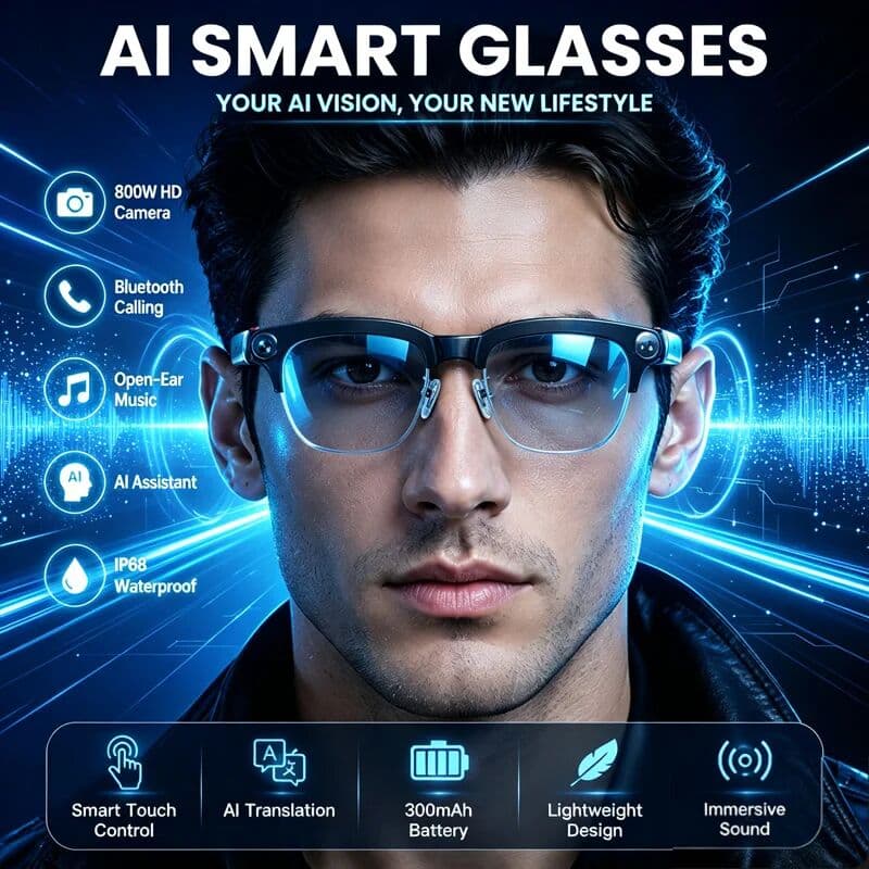 yaocx W630 Smart Glasses 800W HD Camera Photo Audio and Video Optical Image Stabilization Voice Wake-up Bluetooth Call Smart Glasses