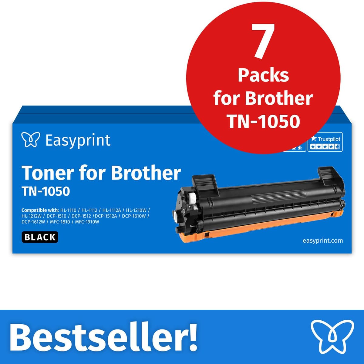 Easyprint Toner voor Brother TN1050, compatibel met Brother DCP 1510, HL 1110 en MFC 1810, 7 stuks