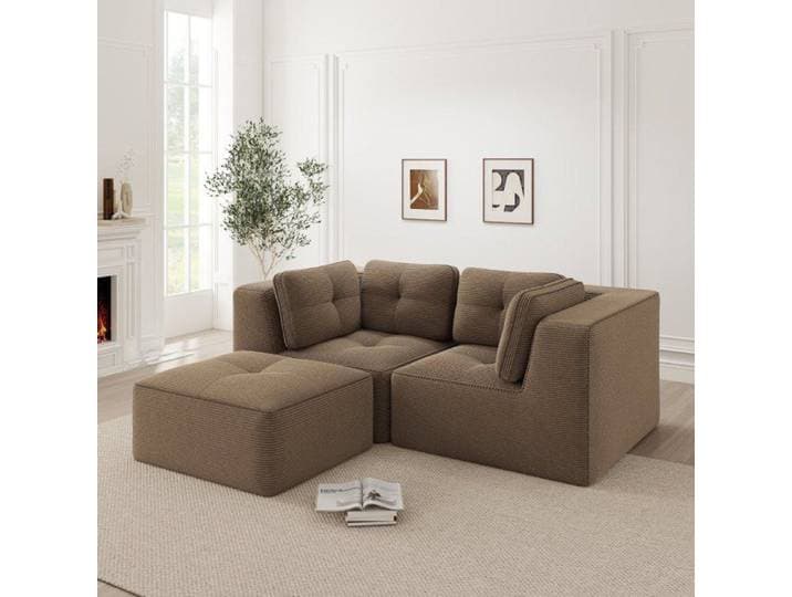 Canapé d'angle modulable et configurable sofa en L sans cadre 2 places avec repose-pieds mobile velours côtelé marron confortabl