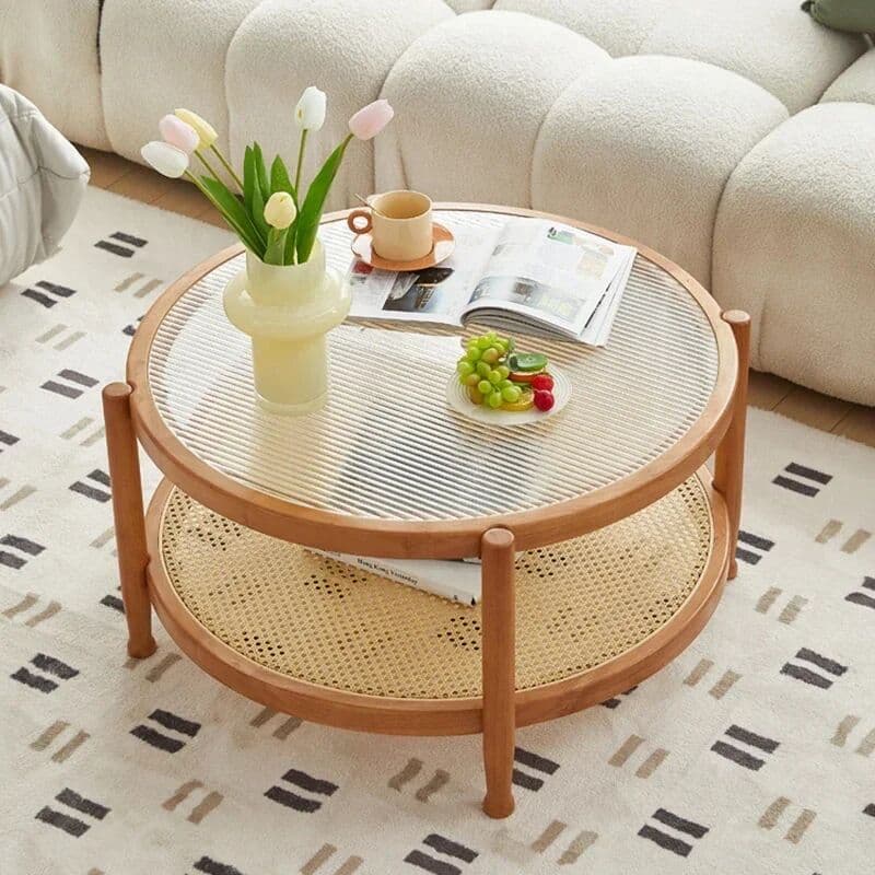 NONE Solid Wood Rattan Woven Coffee Table Living Room Sofa Side Table Japanese Round Glass Table Mobile Storage Ddesk Home Furniture