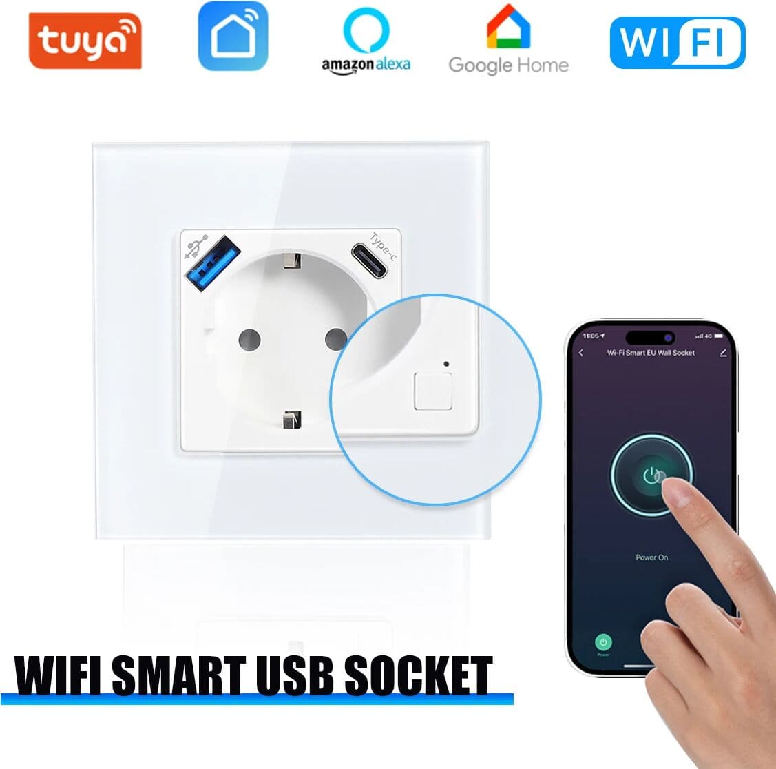 GEYA Wifi EU Socket With 20W Type-C USB Interface Fast Charging Ports Smart Sockets Support Tuya Smart Life Alexa App 16A