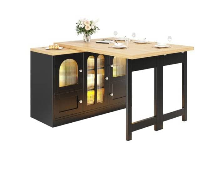 Ropilly Moderne weiß Kücheninsel mit klappbarer Tischplatte, MDF‑Sideboard mit Schubladen und Regalen, 140×40×90 cm, für kleine Küchen und offene Küchen