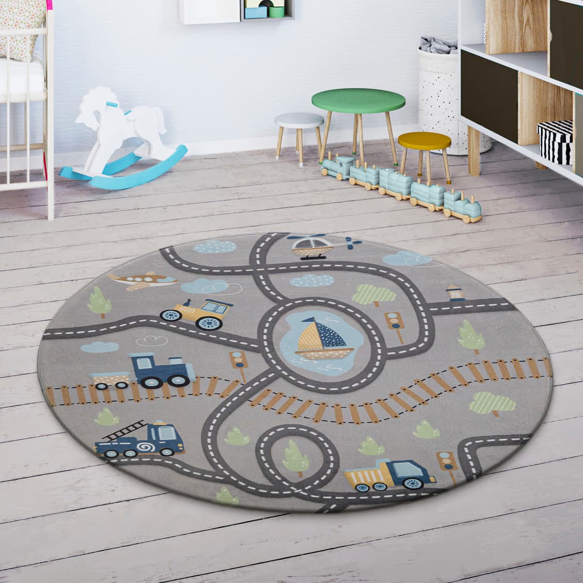 Kinderteppich PACO HOME "Chicos 562", grau, H:4mm Ø:120cm, Polyester, Teppiche, Kinderteppich, Flachgewebe, Strassen-Spiel-Teppich, Kinderzimmer grau Ø 120cm 1 Stk., 4mm, Ø 120cm