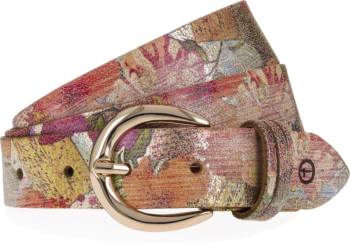 Ledergürtel TAMARIS "Cecilia Gold", Damen, Gr. 85, bunt (multicolour, gold), Rindsleder, geblümt, mehrfarbig, Gürtel Ledergürtel, mit 3 cm Breite, aus Rindsleder, im Metallic-Design oder Animal-Look multicolour, gold 85