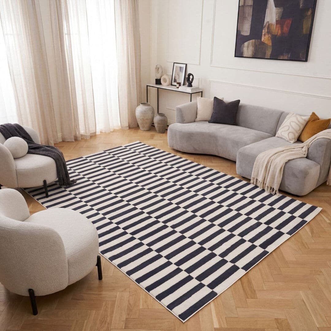 THE RUGS Loft Modern Striped Living Room Area Rug and Runner Soft Pile Navy/Ivory Rectangle 80 x 150 cm