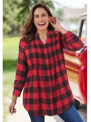 Plus Size Women's Pintucked Flannel Shirt by Woman Within in Vivid Red Buffalo Plaid (Size M)