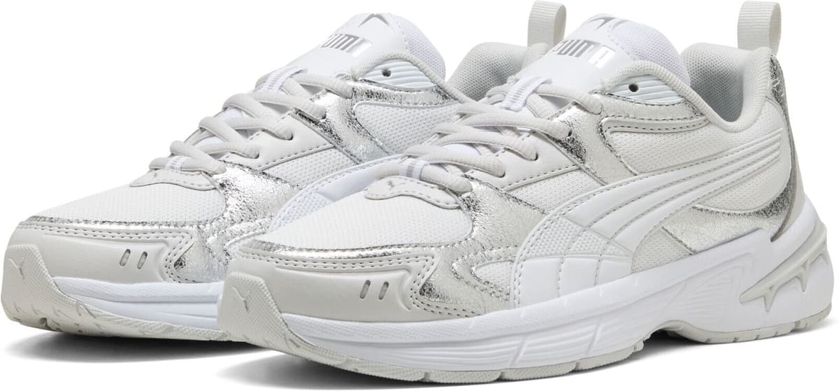 Sneaker PUMA "MILENIO TECH 2000 METALLIC WHISPER", Damen, Gr. 38,5, Textil, weiss (puma weiß, feather gray, puma silber), unifarben, Schuhe Sneaker, für vielseitige Aktivitäten, atmungsaktives Textil-Obermaterial puma weiß, feather gray, puma silber 38,5,