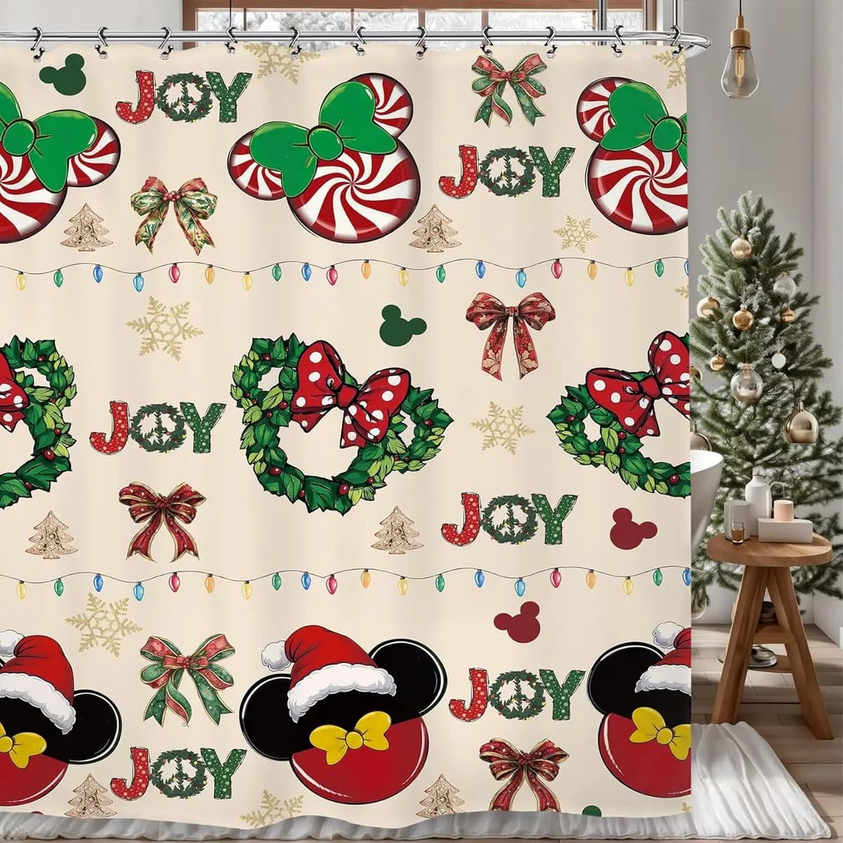 NONE Kids Christmas Shower Curtain Cute Mouse Head Colorful Winter Xmas Lovely Holiday Wreath Bathroom Set Accessories Decor with