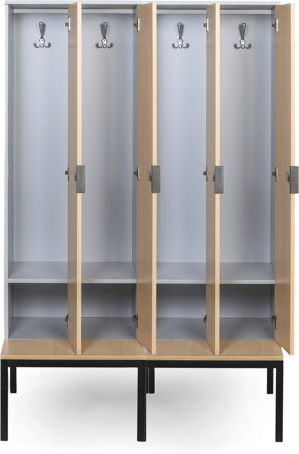 B2B Partner Drevená šatníková skrinka S4 s lavičkou, 4 oddiely, 1871 x 1200 x 500/800 mm, demont, kódový zámok, sivá / červená