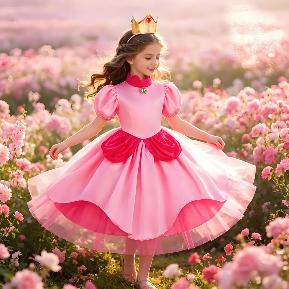 MESOQ Popular Movie Protagonist Princess Peach Pink Short-sleeved Dress Girl Cosplay Princess Peach Carnival Party Performance Dress
