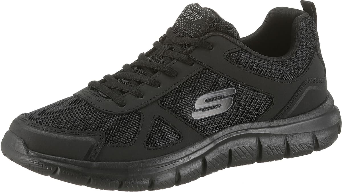 Sneaker SKECHERS "Track-Scloric", Herren, Gr. 45, Textil, schwarz, Leder, Textil, Schuhe Sneaker, Freizeitschuh, Halbschuh, Schnürschuh mit Skechers Memory Foam schwarz 45, Textil