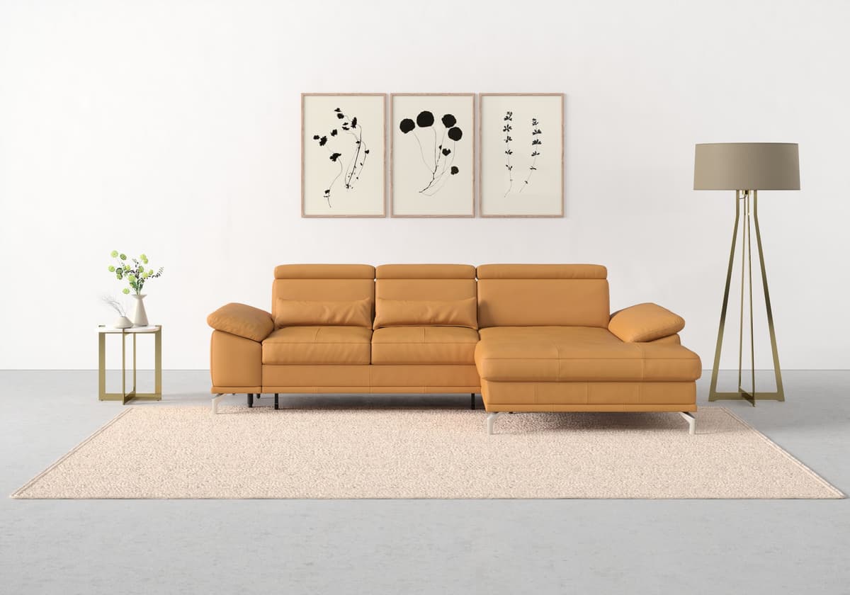 Ecksofa SIT & MORE "Cabrio L-Form, B: 295 cm, mit Sitztiefen-, Arm- & Kopfteilverstellung", gelb (curry), B:295cm H:87cm T:180cm, Sofas, Ecksofa, Leder, 2 Nierenkissen, Federkern, optional Schlaffunktion und Stauraum curry B/H/T: 295cm x 87cm x 180cm, Nat