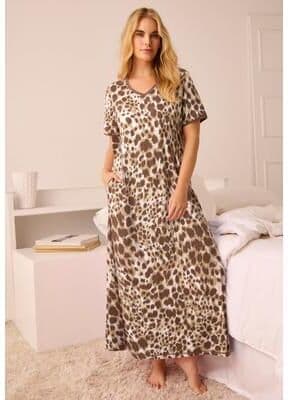 Plus Size Women's V-Neck Short Sleeve Maxi T-Shirt Lounger by Dreams & Co. in Neutral Animal (Size 4X)