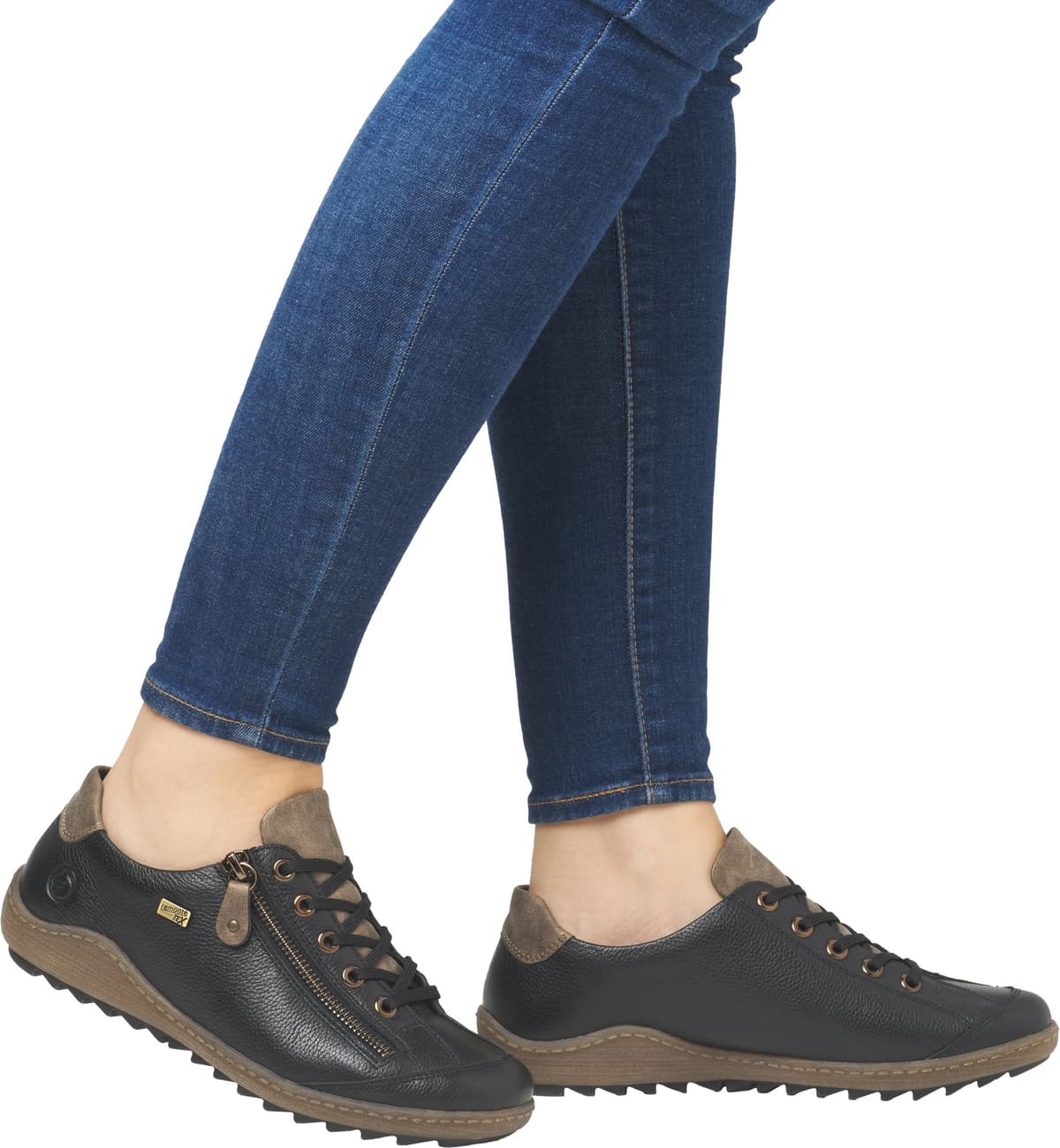Schnürschuh REMONTE, Damen, Gr. 40, Textil, schwarz (schwarz, beige), Leder, unifarben mit Farbeinsatz, Schuhe Schnürschuh, mit Tex-Ausstattung, Freizeitschuh, Halbschuh, Schnürschuh schwarz, beige 40, Textil