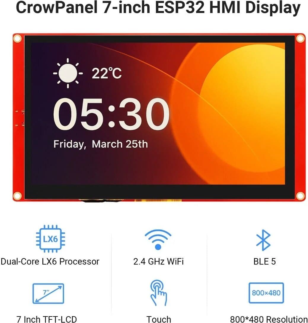 ELECROW CrowPanel- ESP32 7.0 Inch 800x480 Resolution HMI Touch Screen TFT-LCD Smart Display Module with  Learning for Arduino/ LVGL
