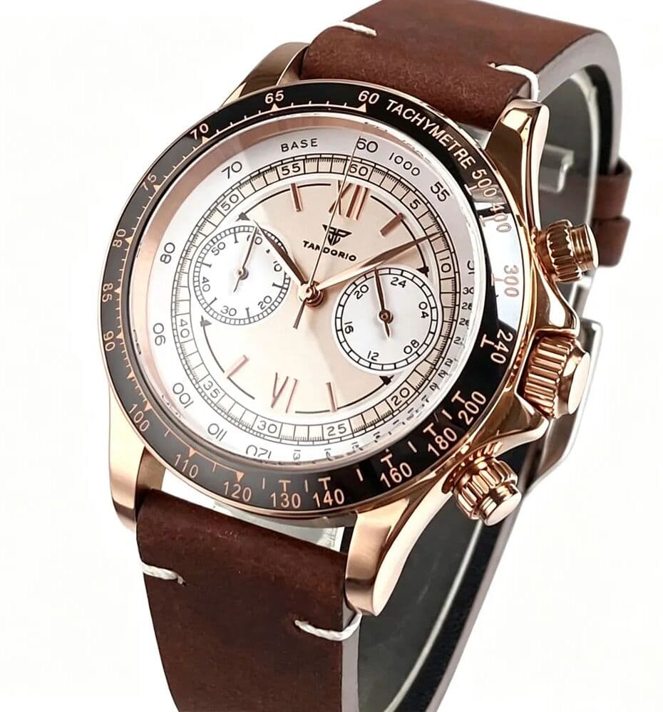 tandorio 38mm Rose Gold Stainless Steel MIYOTA OS21 Quartz Movement Watches for Men Multi-function Chronograph Sapphire Glass Leather