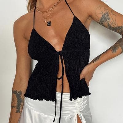 Lush Living Finds Womens Halterneck Backless Bandage Crop Top Summer Streetwear Green black m