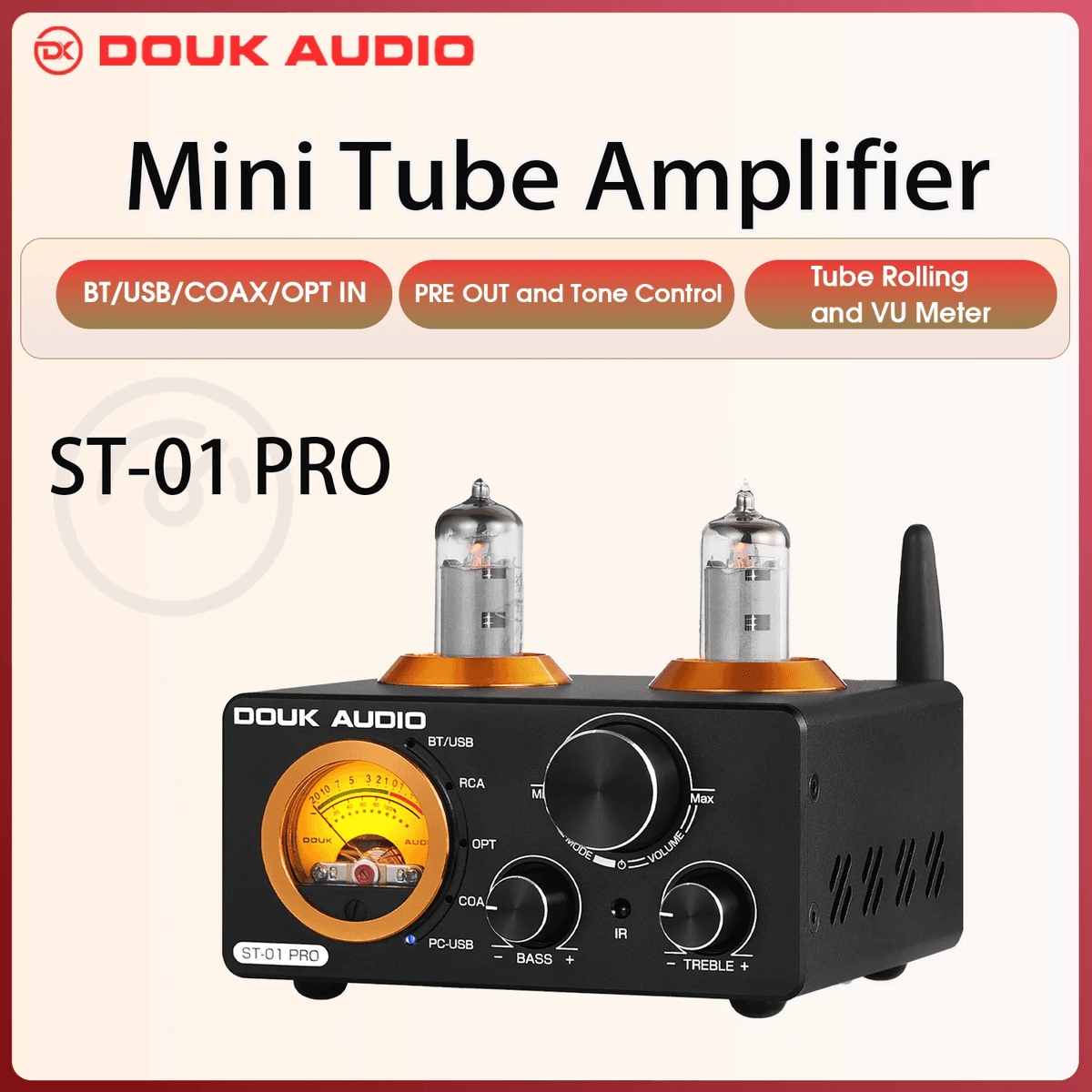 Douk Audio HiFi Bluetooth 5.0 Vacuum Tube Amplifier USB DAC Stereo Receiver COAX/OPT Home Audio Digital Amp W/VU Meter 100W+100W