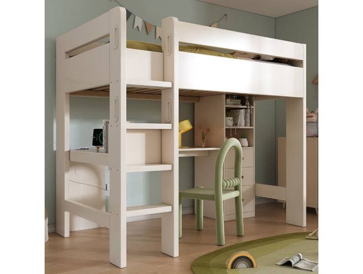 Lit superposé pour enfants KOMHTOM 90x200 cm avec bureau en forme de L, étagères et tiroirs de rangement, port de charge USB/USB-C