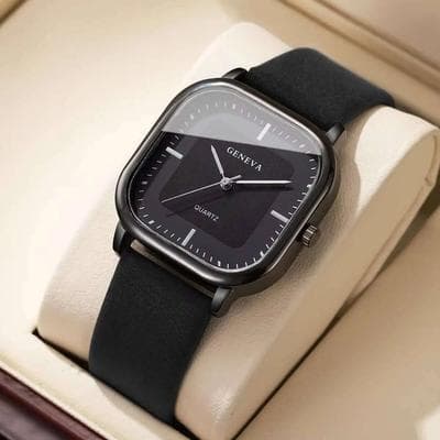Uplift Essentials Men Square Minimalist Quartz Watch Leather Strap black Black