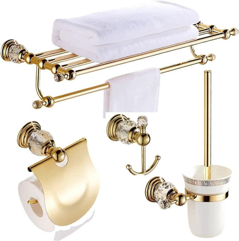 HOTAAN Luxury Gold Polished Brass Bathroom Accessories Set - Wall-Mounted Crystal Bath Hardware Collection