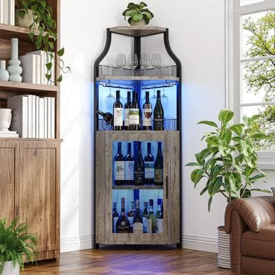 Garvee Industrial Corner Bar Cabinet with Barn Door and Glass Holder,5-TierCorner Bar Cabinet with Adjustable Shelf