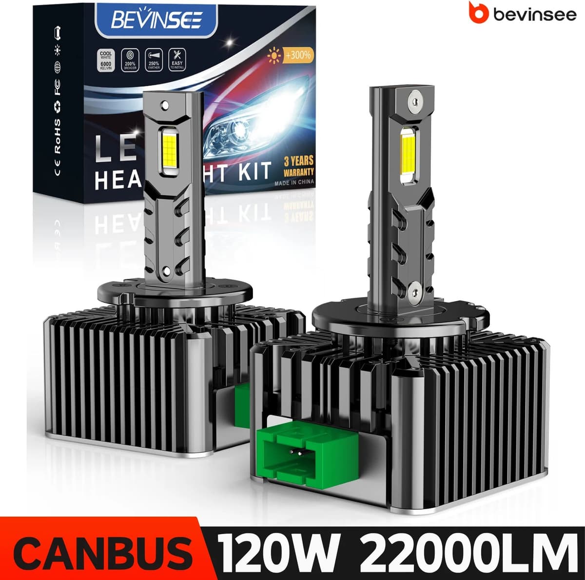 BEVINSEE D1S D3S D2S D5S D1R D3R CANBUS LED Headlight Bulbs 70W 7000LM 6000K White for Audi BMW for VW for Golf for HID Upgrade