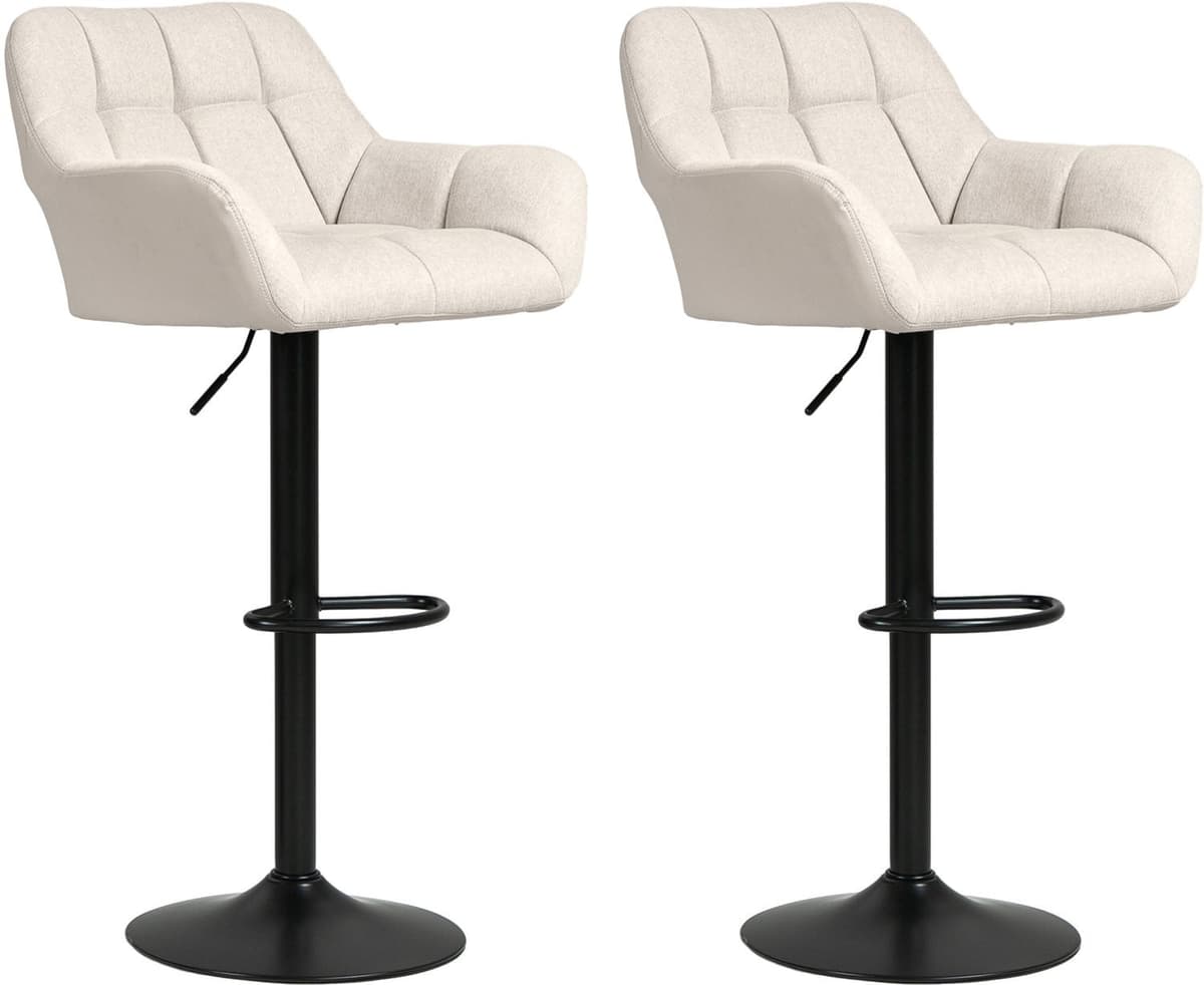 Homona Barkrukken Set van 2 - In hoogte verstelbaar en 360 graden draaibaar - Met rugleuning en voetsteun - Kunstleer en linnenlook - Crèmewit/Zwart - H: 93-114 cm, B: 57,5 cm, D: 52,5 cm