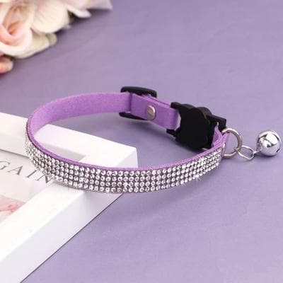 Uplift Picks Suede Leather Rhinestone Cat Collar With Bell Breakaway purple xs