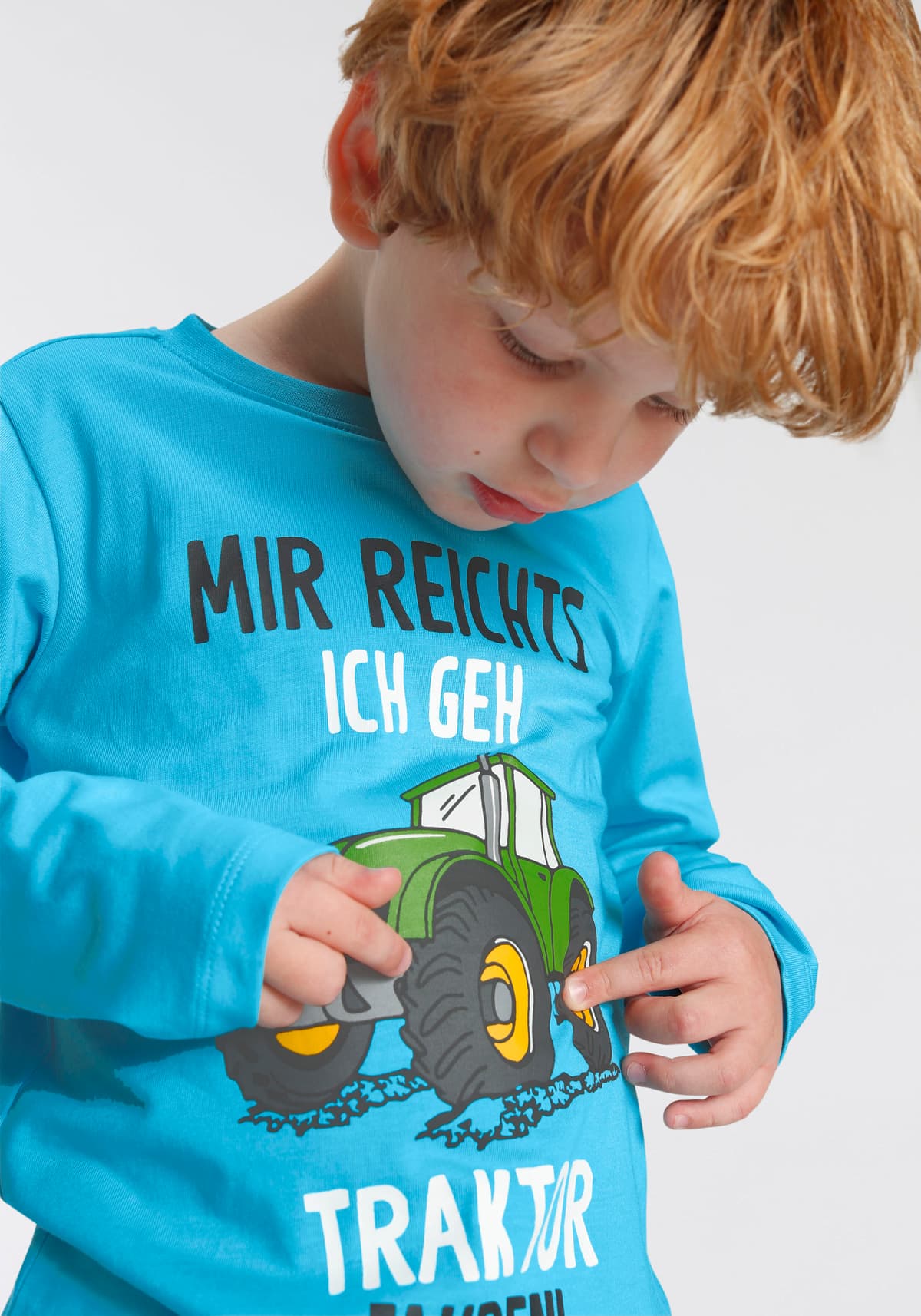 Shirt & Hose KIDSWORLD "2tlg. Set Langarmshirt + Hose", Jungen, Gr. 104/110, blau (türkis marine), Interlock, Obermaterial: 100% Baumwolle. Obermaterial Hose: 100% Baumwolle, bedruckt, KOB Set-Artikel Shirt & Hose, MIR REICHTS, ICH GEH TRAKTOR FAHREN, Top