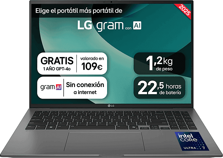 REACONDICIONADO Seminuevo Muy bueno Portátil - LG 16ZD90T-G.AX78B, 16" WQXGA, Intel® Core™ Ultra 7-255H, 16 GB RAM, 1 TB SSD, Arc™ GPU, FreeDOS