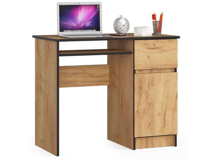Bureau d'ordinateur AKORD droit PIKSEL Chêne Craft 90 cm 1 porte 1 tiroir façade Chêne Craft 3 étagères 90x50x77 cm