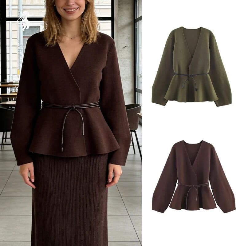 Guobioziy Woman Clothes Tops V Elegant Knit Cardigan For Women With V Neck Tie Waist And Flared Hem Autumn And Winter Workwear Top