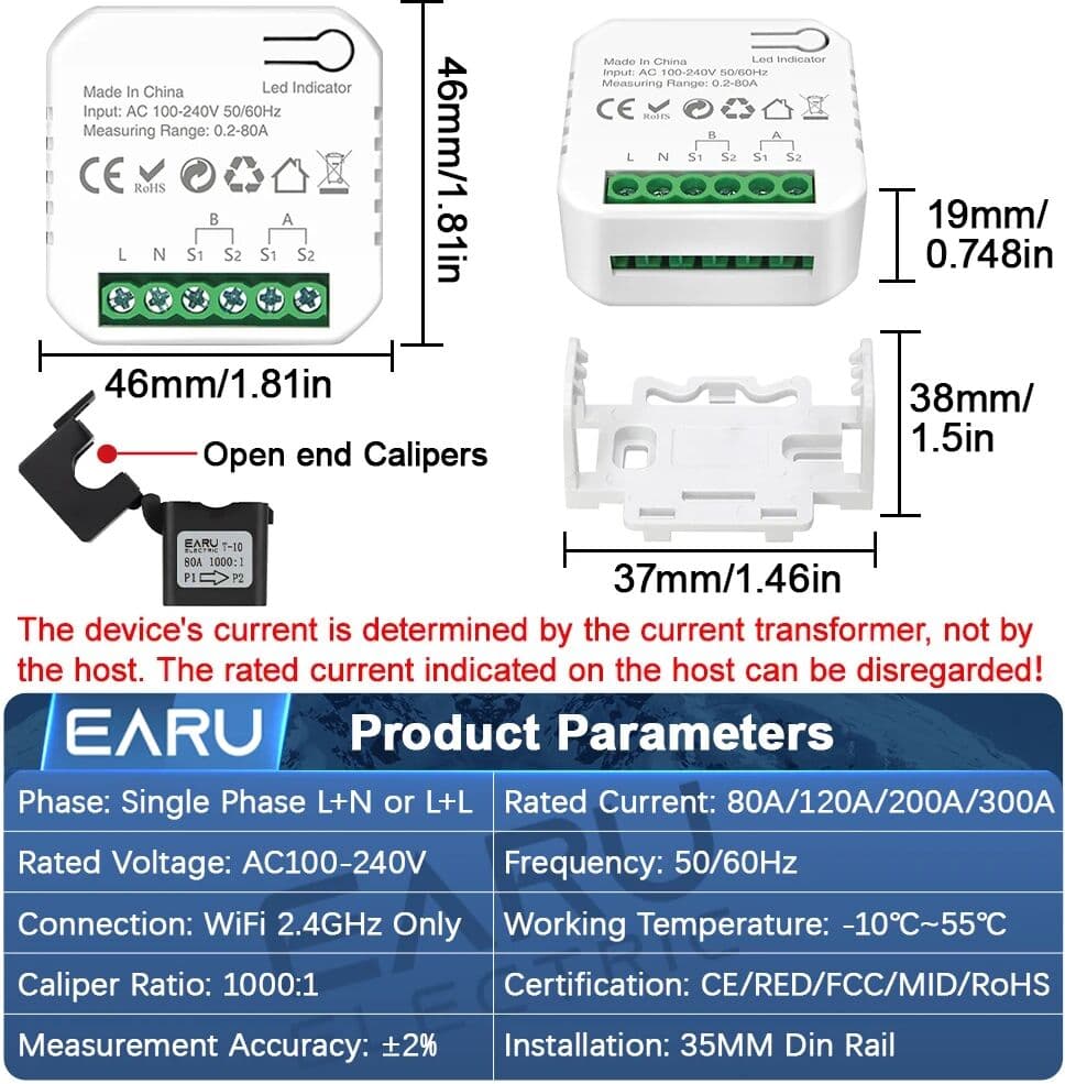 EARU Single 1 2 Phase Channel Tuya App WiFi Smart Bidirectional Monitor Current Voltage kWh PV Solar Power Energy Meter CT Clamp