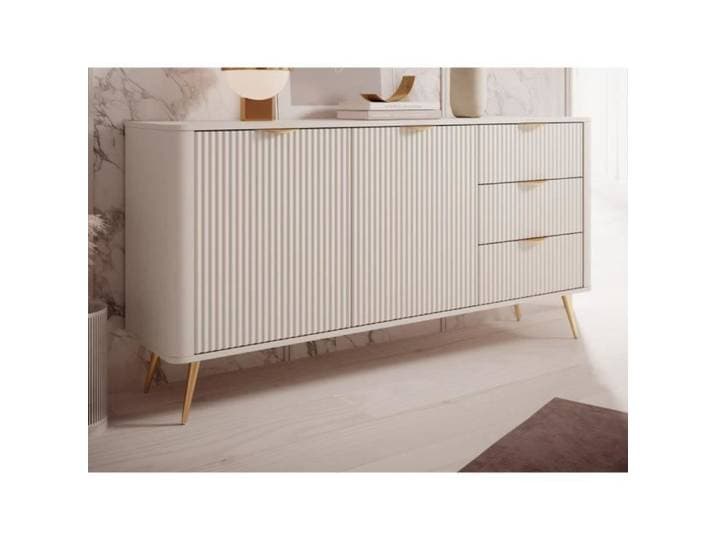 Buffet 2 portes et 3 tiroirs en MDF - Beige et doré - ELONARIA II