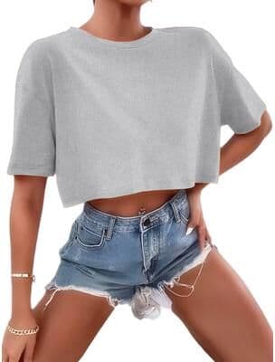 Lush Living Finds Boxy Ribbed Crop Tee For Women Casual Streetwear Top gray l