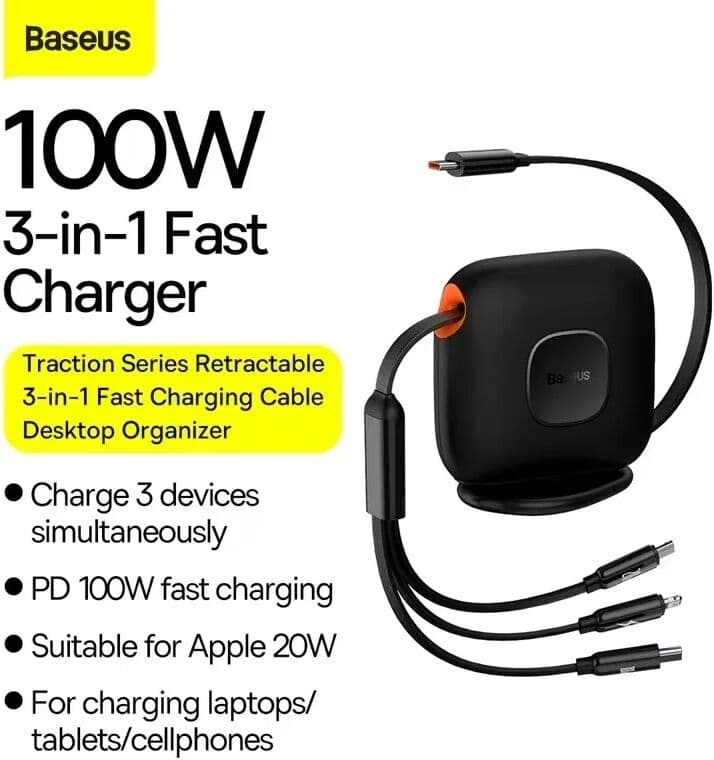 Baseus Traction Series Retractable 3-in-1 Fast Charging Cable Desktop Organizer Type-C to M+L+C 100W