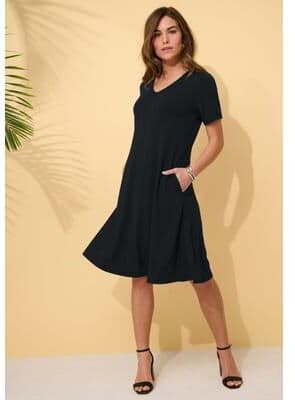 Plus Size Women's Plus Size Stretch Knit Fit and Flare Pocket Shirtdress by Roaman's in Black (Size 22/24)