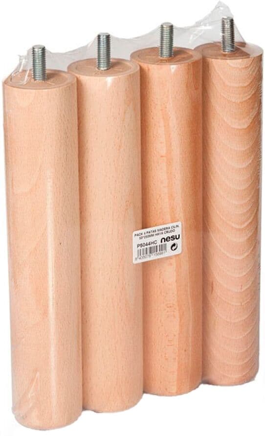 Nesu Pack 4 Patas Fijas Redondas para Somier Madera Haya 25 cm. Crudo