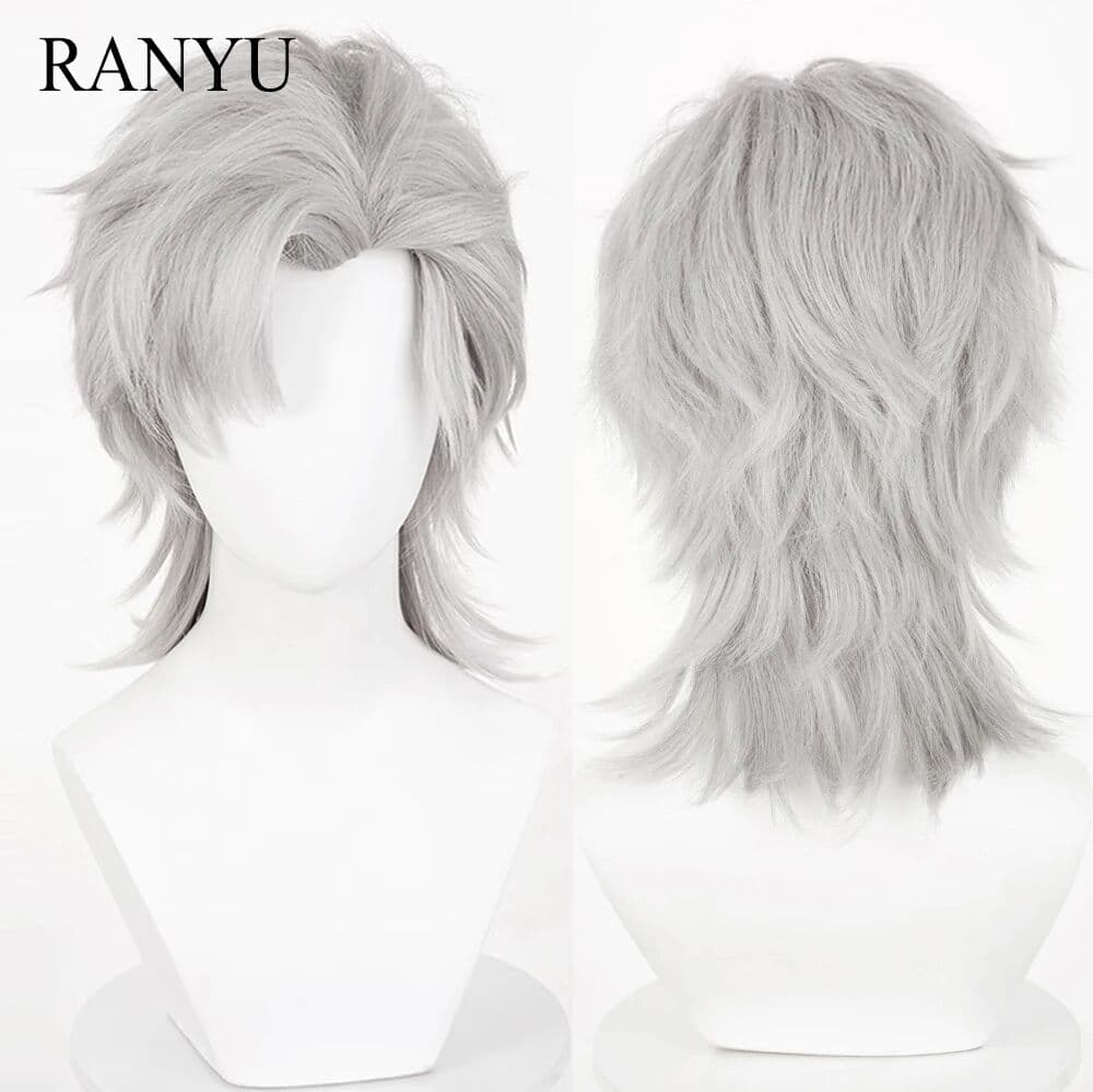 RANYU Gray Short Straight Mullet Head Synthetic Wig Anime Game Cosplay Fluffy Men Heat Resistant Wig for Daily Party
