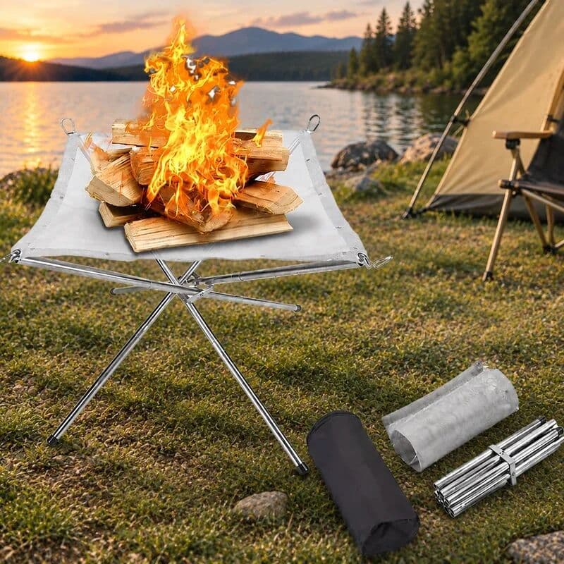 NONE Foldable Stainless Steel Mesh Fire Pit with Wood Stove Holder for Outdoor Camping and BBQ