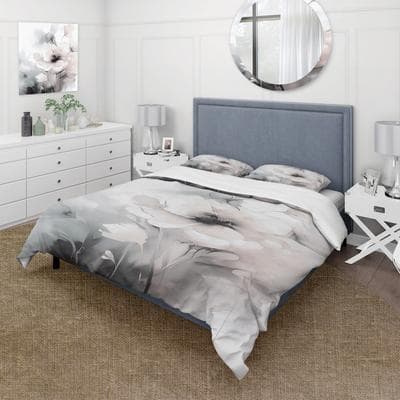 DESIGN ART "Designart ""Soft Light Grey Flowers I"" White Traditional - Bedding Cover Set With Shams"