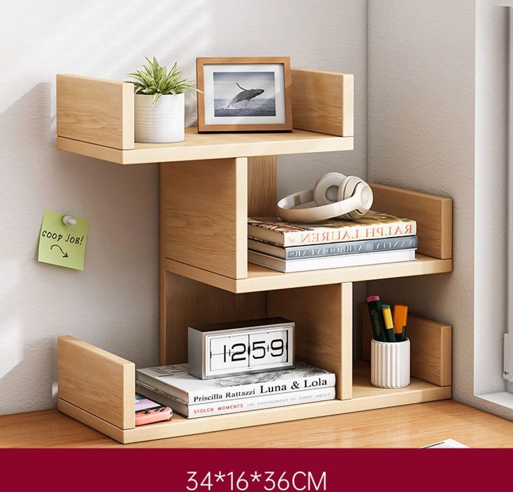 NONE 3 Tier Rustic Oak Wood Desktop Organizer Shelf 341636cm Assemble Multi Grid Corner Table Storage Rack Adjustable Compartment Bookshelf Desk Display Organizer for Office Bedroom