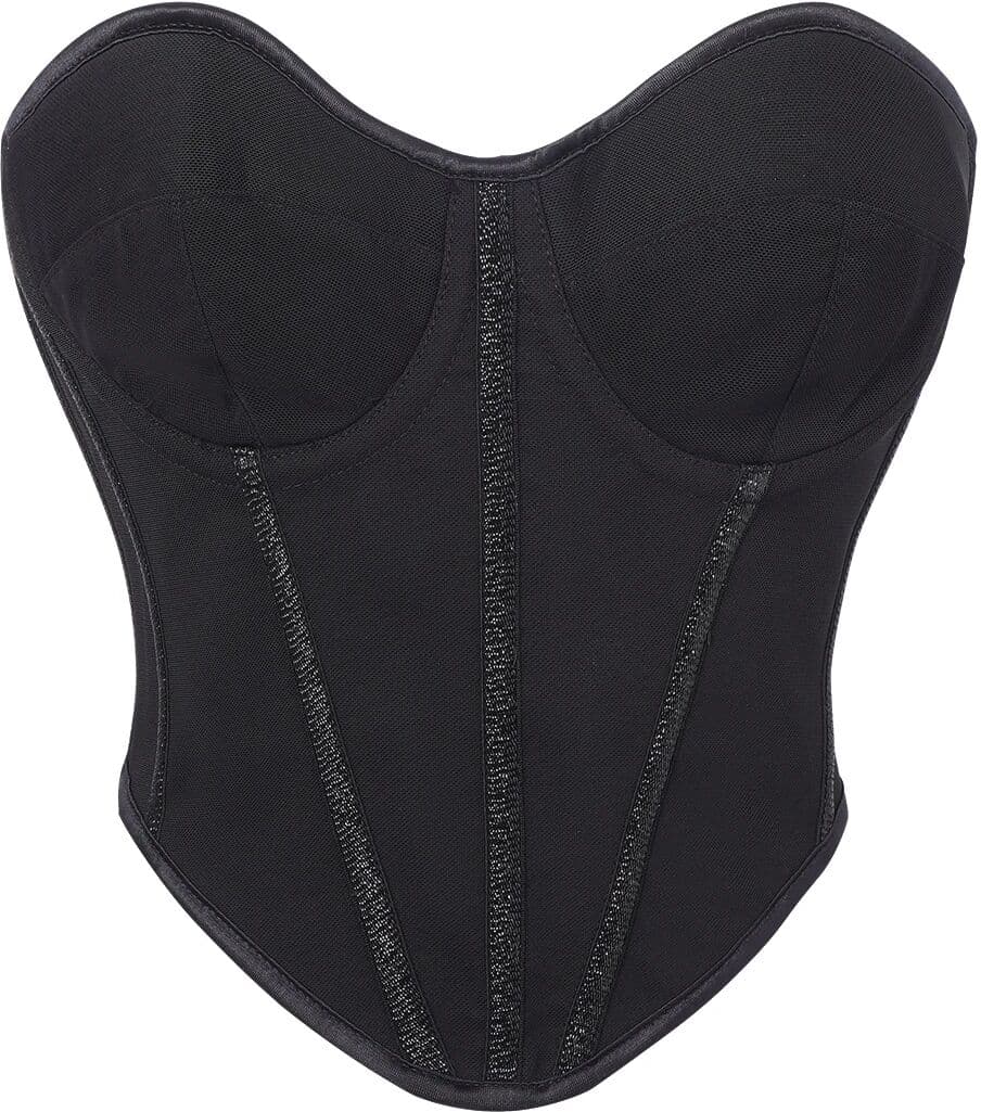 NONE Women Strapless Overbust Corset Solid Black Glitter Panel Bustier Back Lace Up Vintage Waist Shaper Club Top
