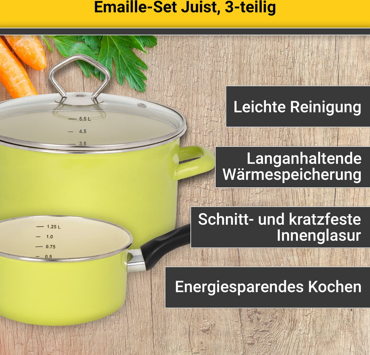 Topf-Set KRÜGER "Emaille Topfset Juist", grün, Töpfe, Topf-Set, mit Literskala, schnitt- & kratzfest, spülmaschinengeeignet