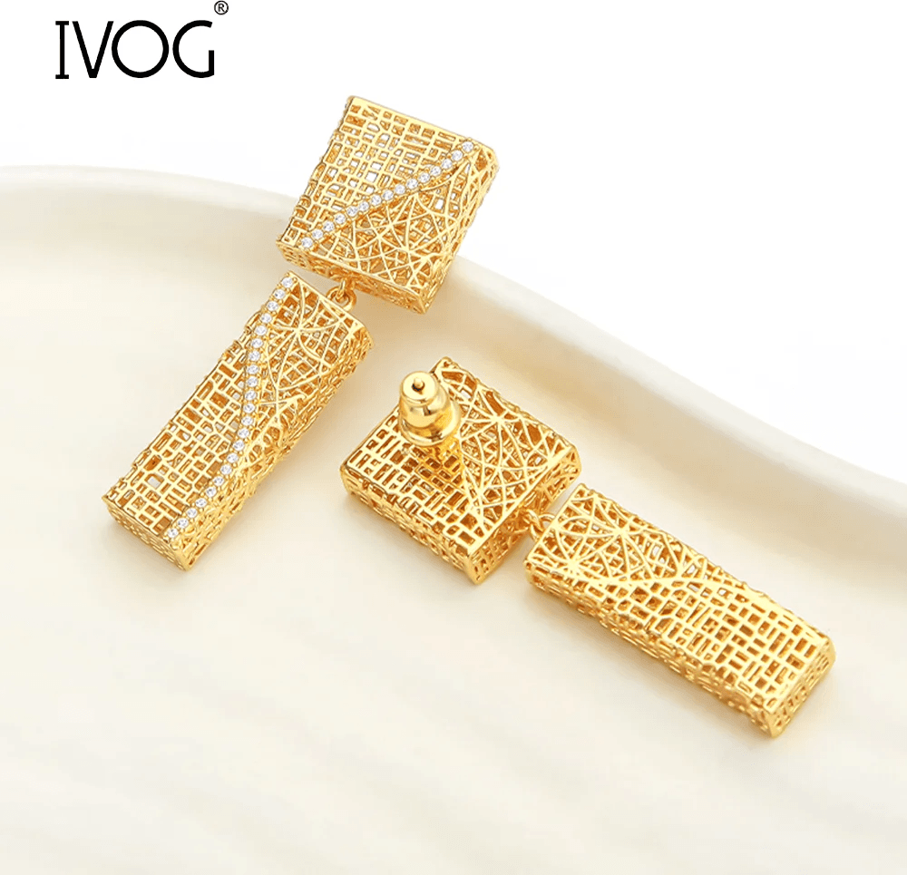 IVOG Square Bar Drop Earrings Double Layer CZ Hollow Brass Women Party Pendiente Shiny Polished Unique Fashion Jewelry