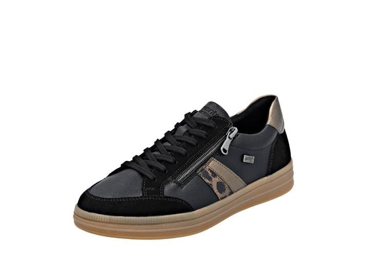 Plateausneaker REMONTE Elisabeth Hurley-Collection , Damen, Gr. 39, schwarz (schwarz, bronzefarben), Glattleder, Veloursleder, Schuhe Plateausneaker, Schnürschuh, Halbschuh mit wasserabweisender TEX-Membran