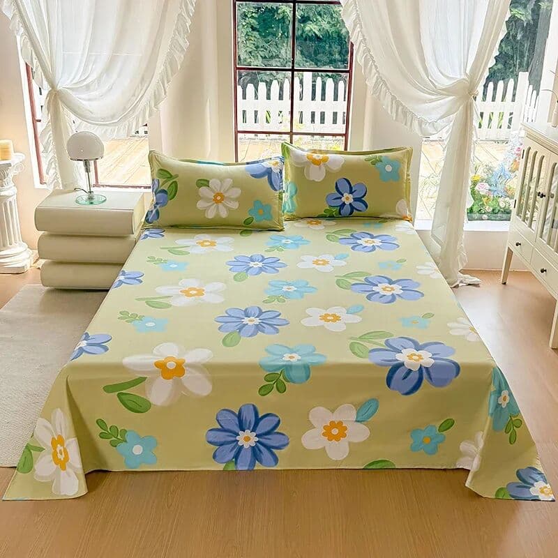 NONE 3PCS Plain Solid Color Bed Flat Sheet Set with Pillowcase Top Sheets for Single Queen King Size Flat Bed Linen Home Bedding