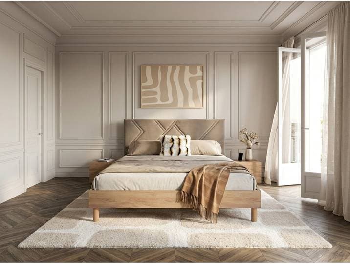 Lit MARVIN tissu velours lisse avec lattes massives 140x190